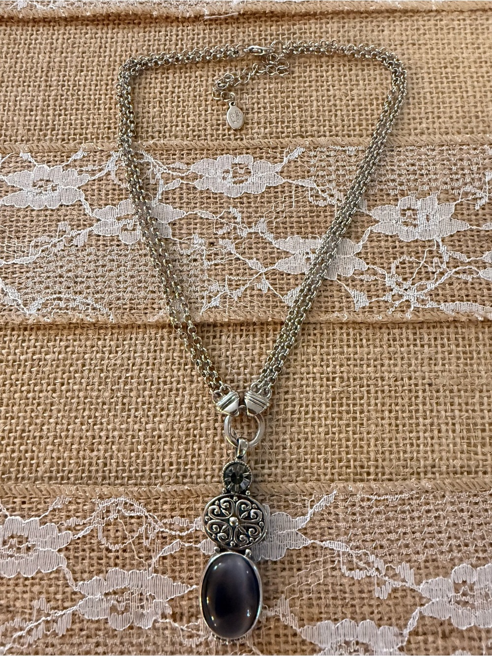 Cookie Lee Silver-Tone Multi-Strand Necklace with Black Oval Stone